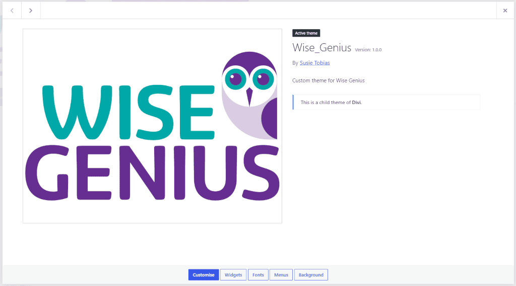 An example of an active child theme in the WordPress dashboard