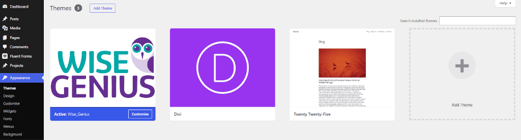 Example of themes page in WordPress Dashboard